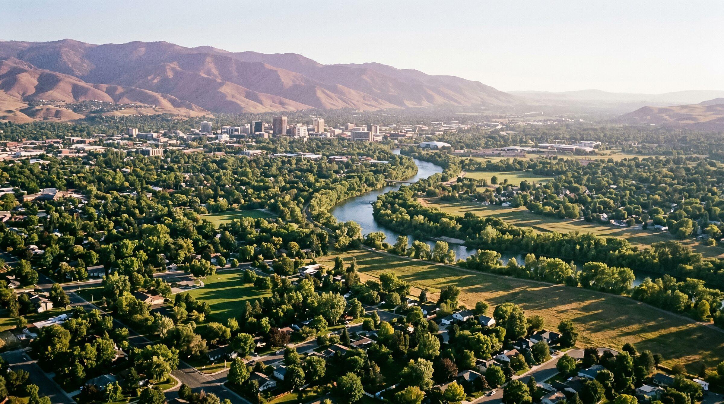 Aerial view of the Boise River, Treasure Valley fields, and the Boise Front foothills at golden hour