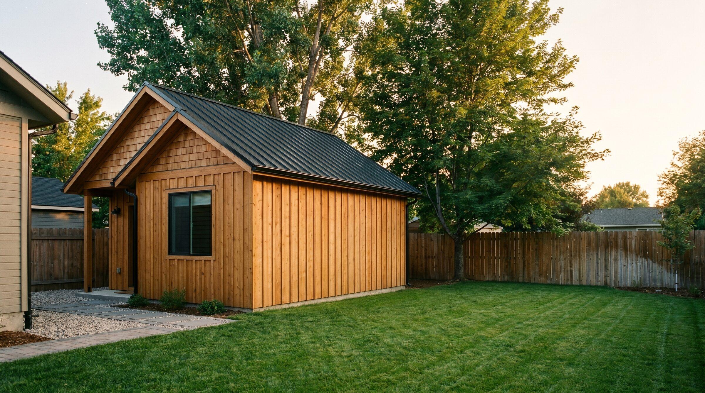 Detached Boise backyard ADU with natural cedar siding and black metal roof, golden-hour light