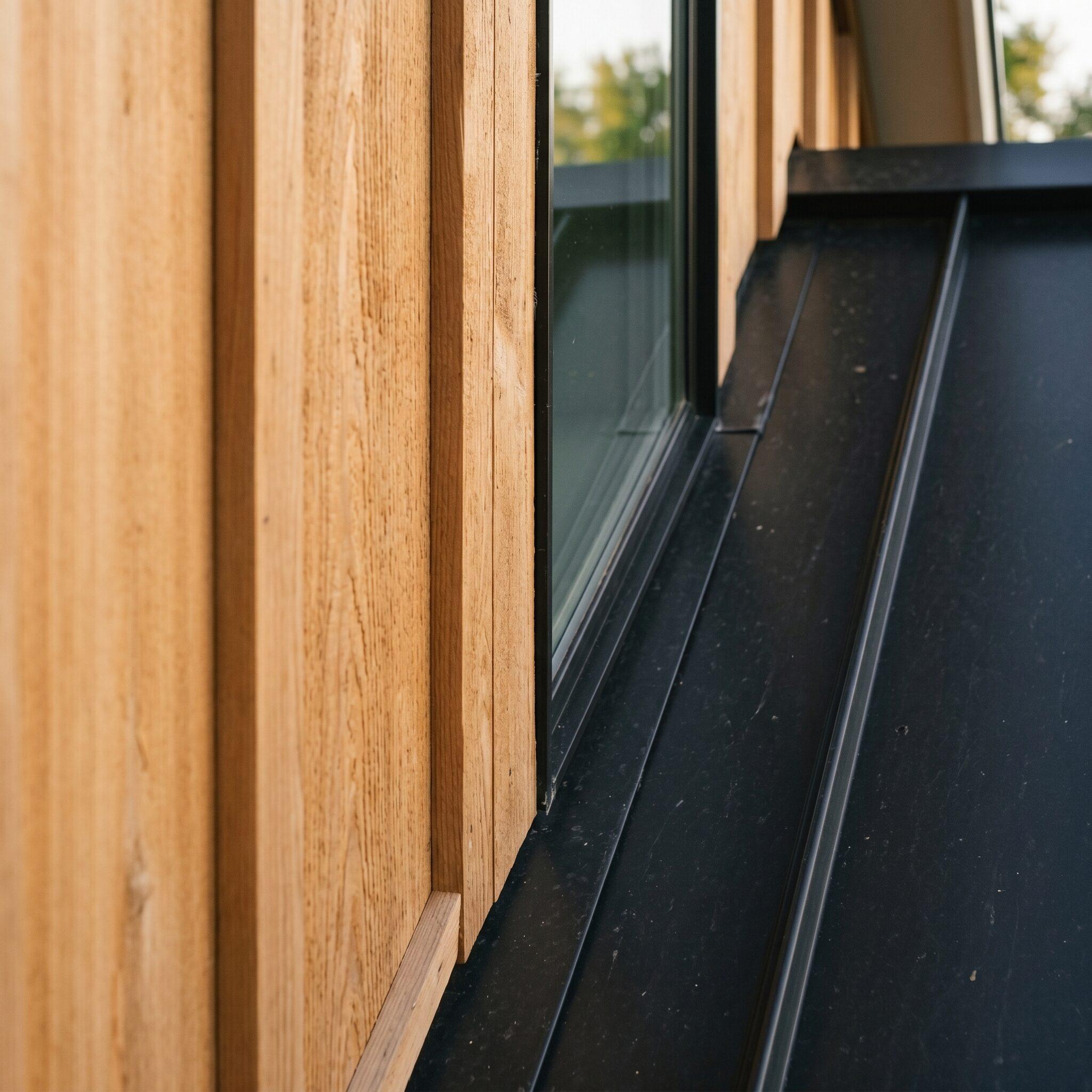 Detail of natural cedar board-and-batten siding meeting black standing-seam metal roof