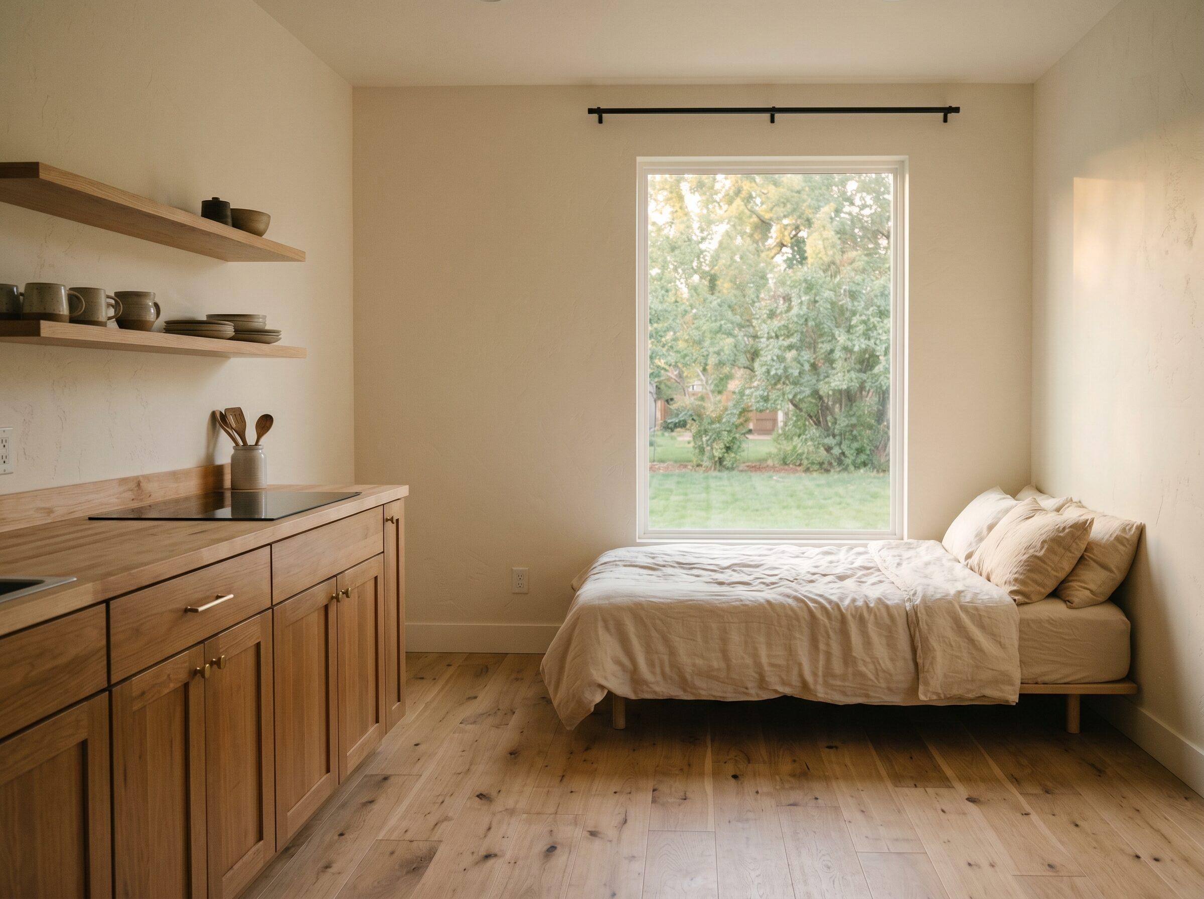Goldfinch studio ADU interior with white oak floors