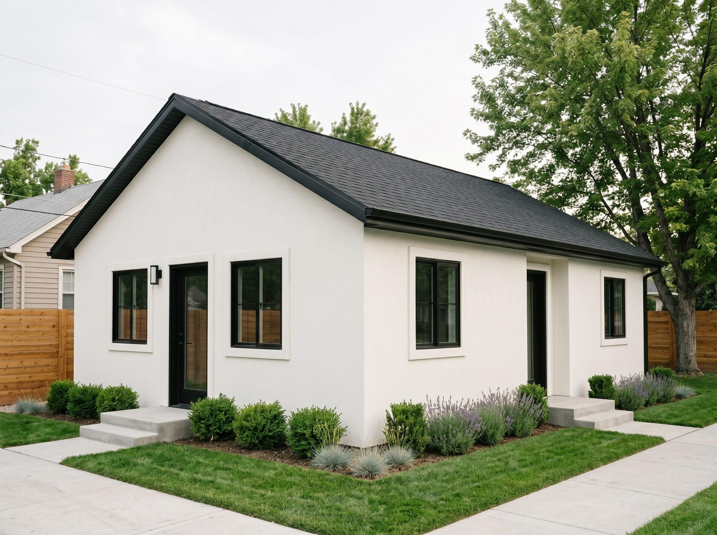 Kestrel 695 single-story detached Boise ADU exterior with crisp white stucco and black-trim windows