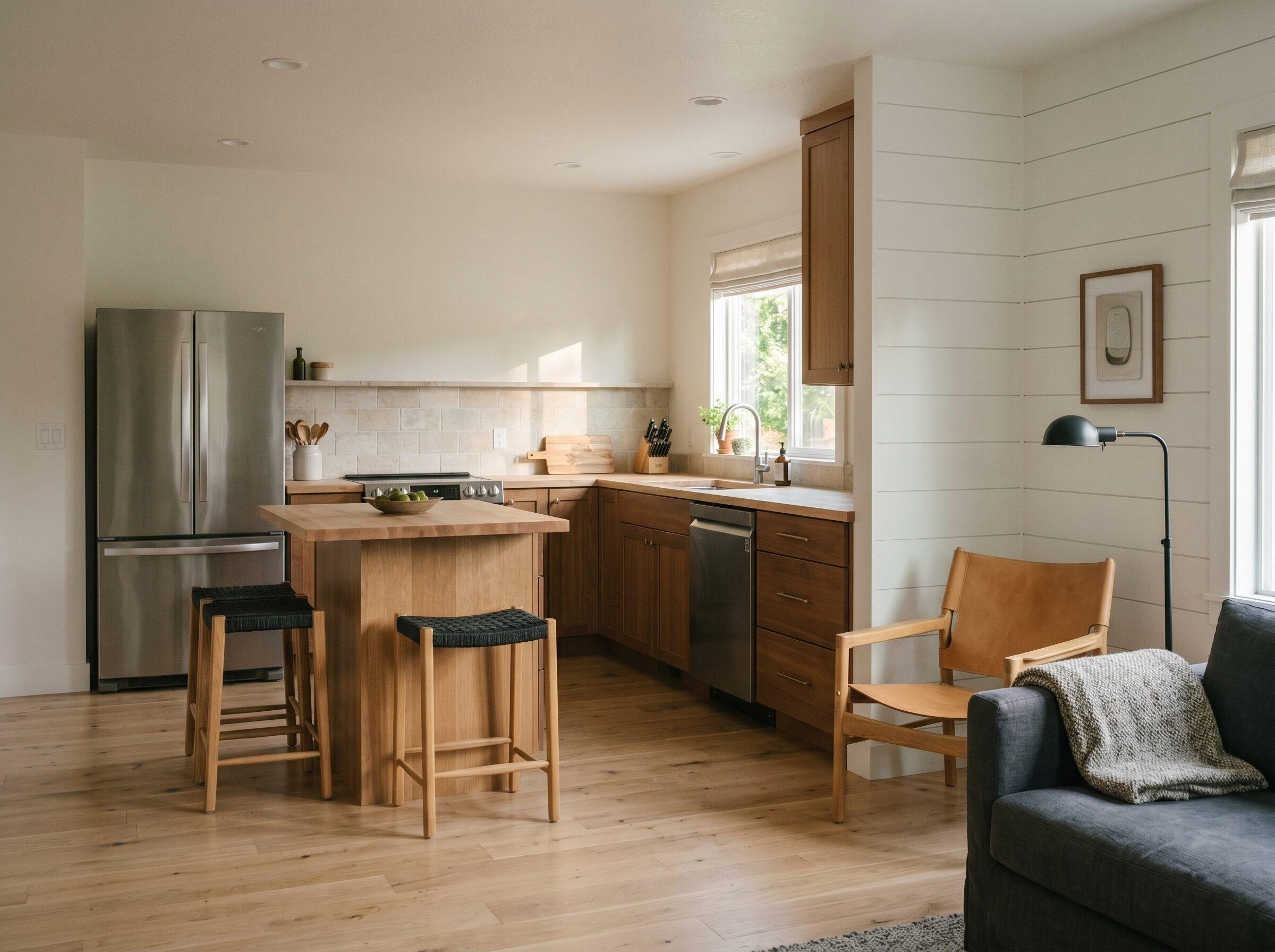 Kingfisher 1-bedroom ADU kitchen with warm wood cabinets