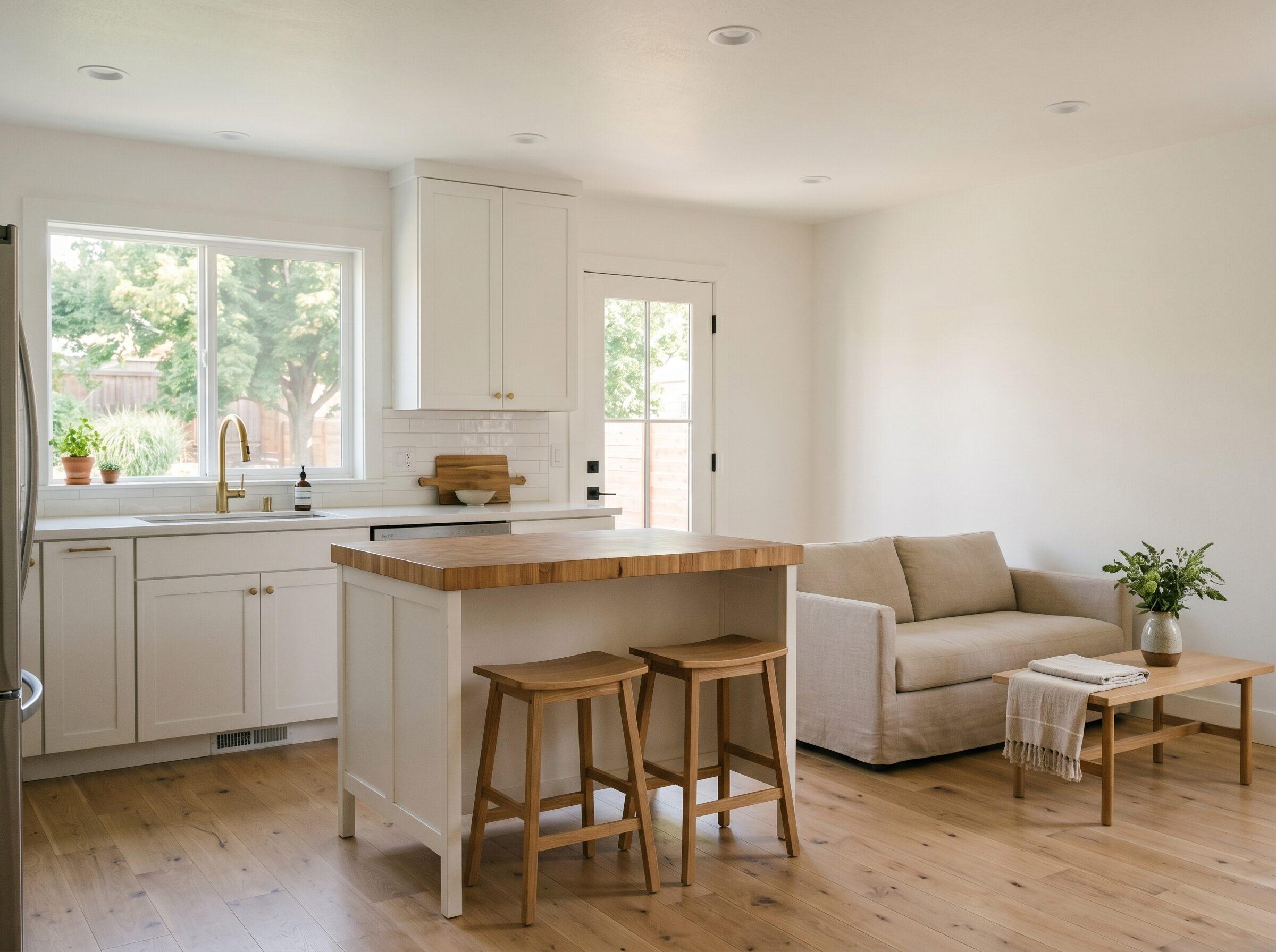 Waxwing 2-bedroom ADU open kitchen and living with white-and-cream finishes