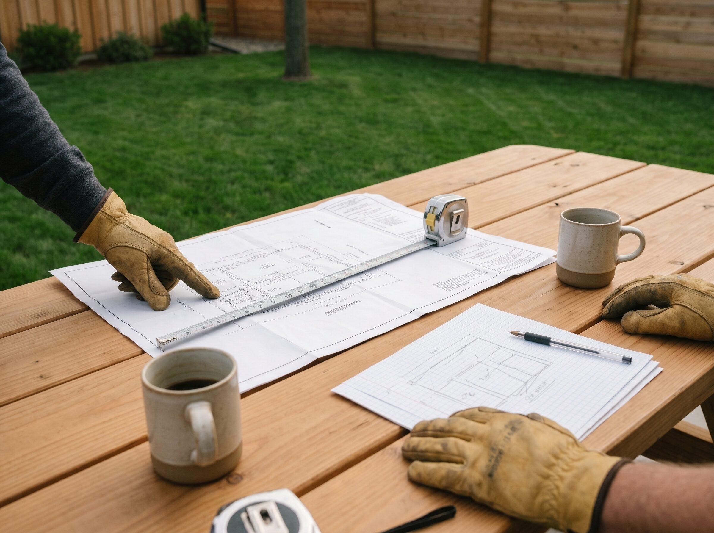 Site consultation in a Boise backyard with property survey and measuring tape