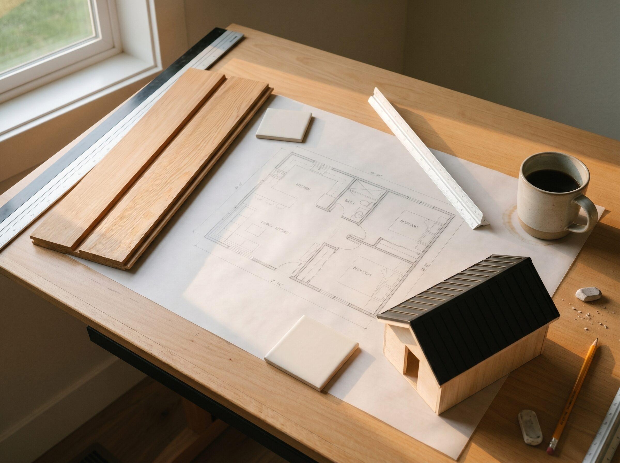 ADU floor plan in pencil with scale ruler and balsa study model