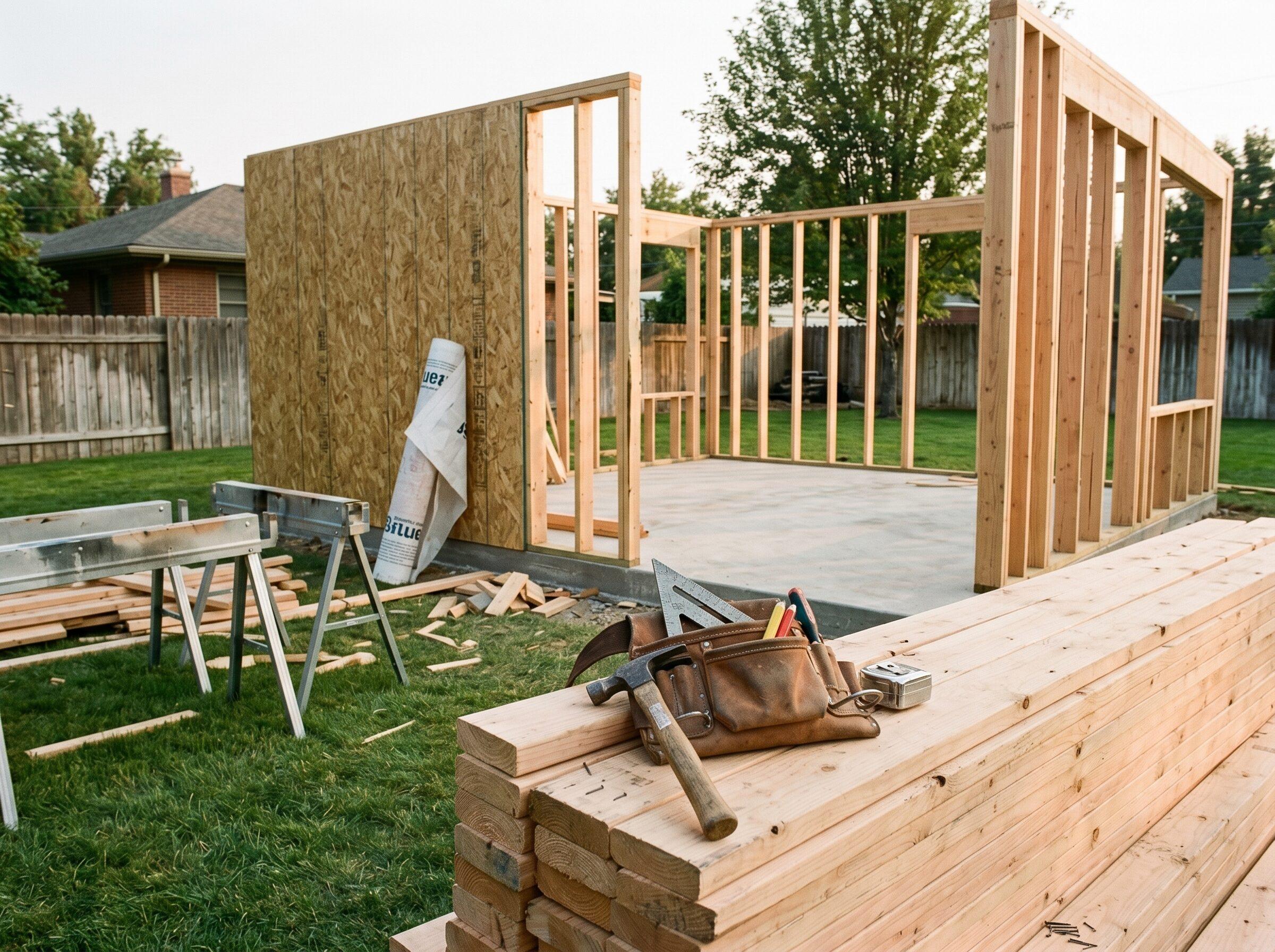 ADU under construction in a Boise backyard with framed walls