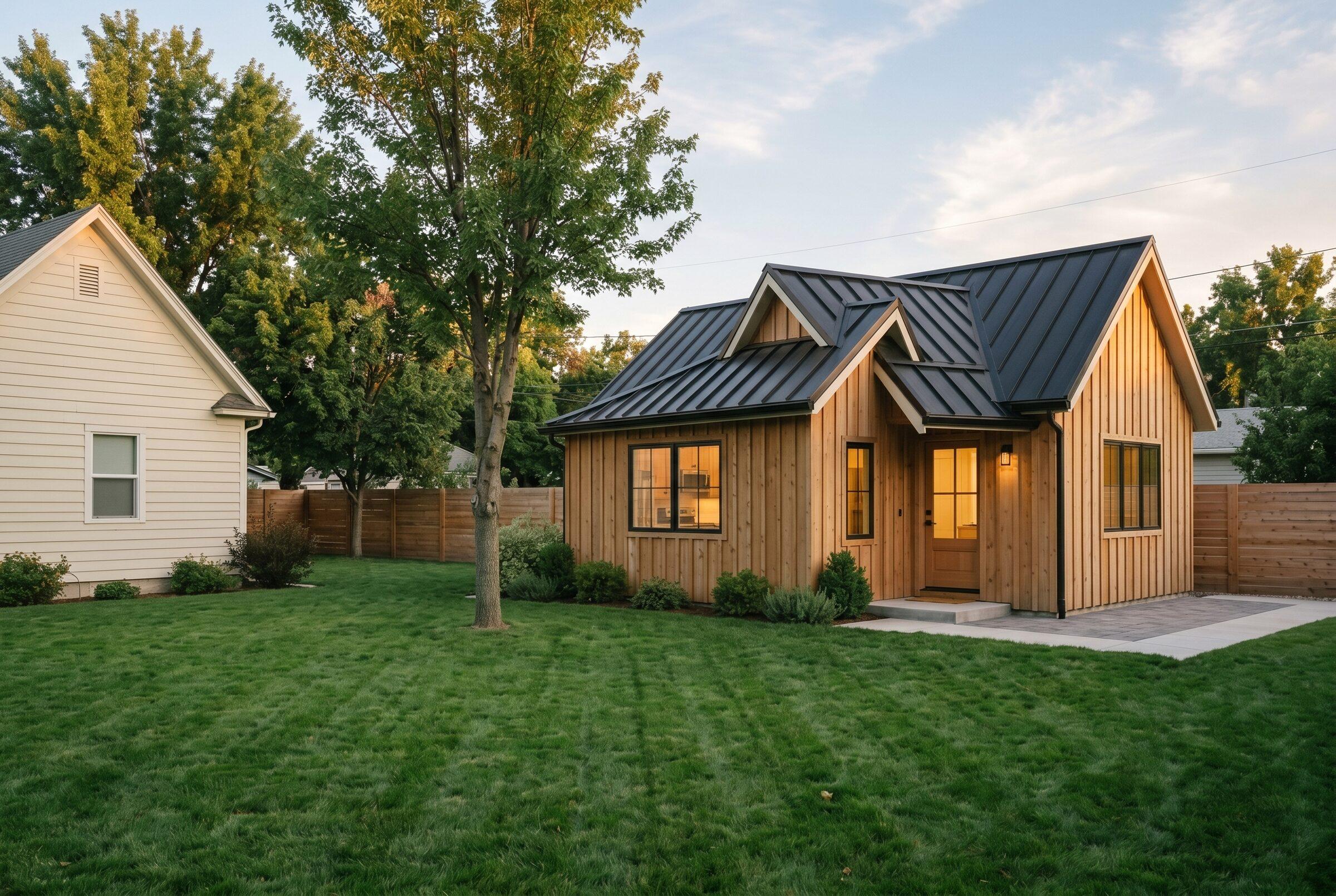 Standalone backyard ADU on a Boise property with main house in background